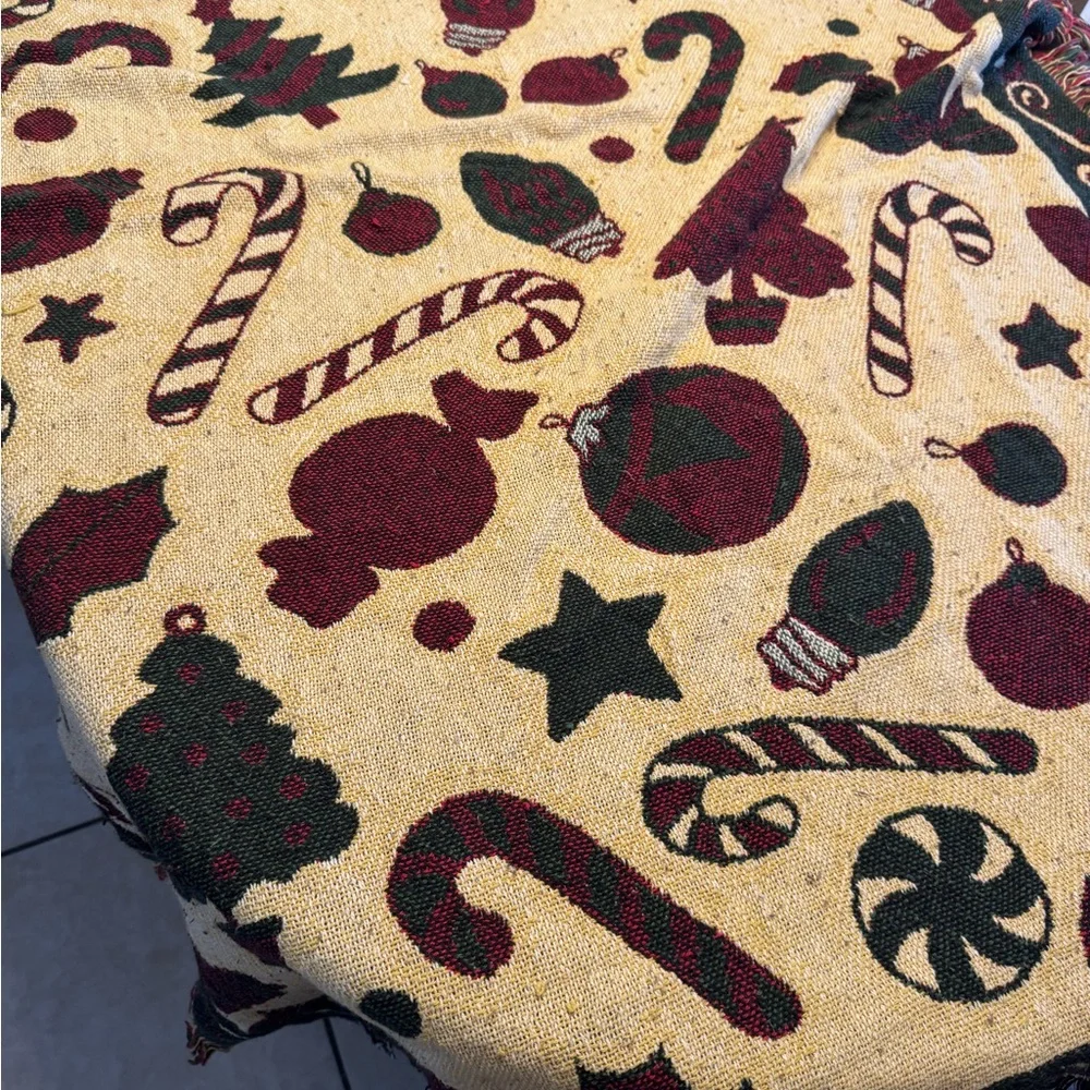 Festive Cream Holiday Throw Blanket with Red & Green Ornaments